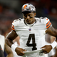 Cleveland Browns quarterback Deshaun Watson (4) walks off of the field during an NFL preseason football game against the Chicago Bears, Saturday Aug. 27, 2022, in Cleveland.